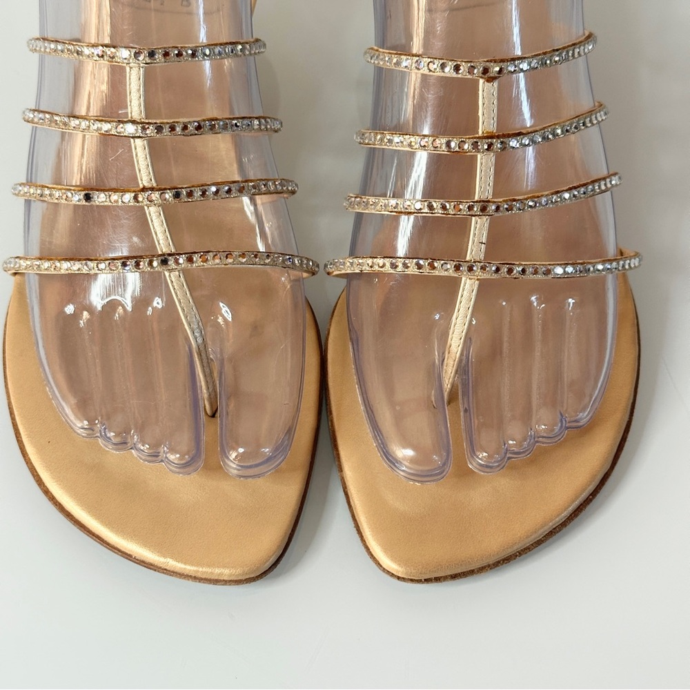 Stuart Weitzman Gold Kitten Heel Sandal 6.5 Toe Post Thong Rhinestone Straps - Picture 8 of 11